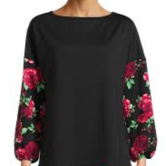 The Pioneer Woman Sweaters - Pioneer Woman Black Pullover sweater with Red and Green floral balloon sleeves